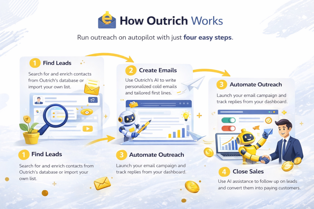 Outrich AI how it works section image showing lead finding, AI email creation, outreach automation, and sales closing workflow.