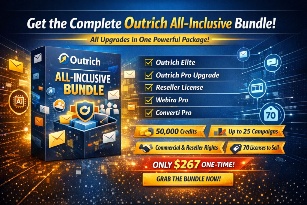 Outrich bundle page image showing the all-inclusive package with Elite, Pro Upgrade, reseller license, Webira Pro, Converti Pro, and one-time pricing details.