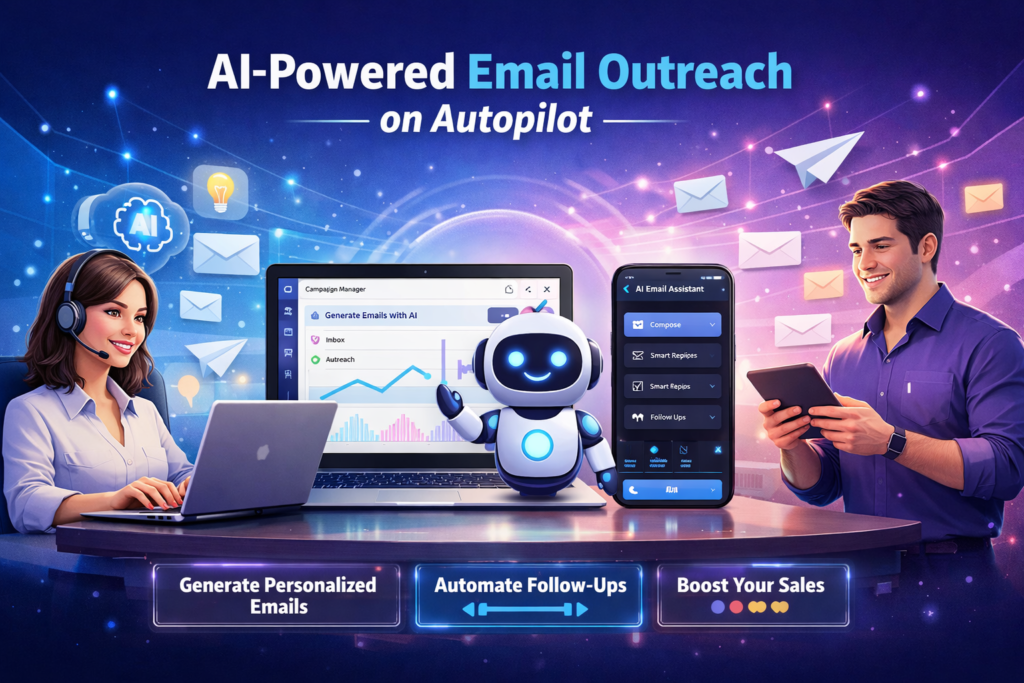 official website image for Outrich showing AI-powered email outreach with personalized emails, automated follow-ups, and sales growth visuals.