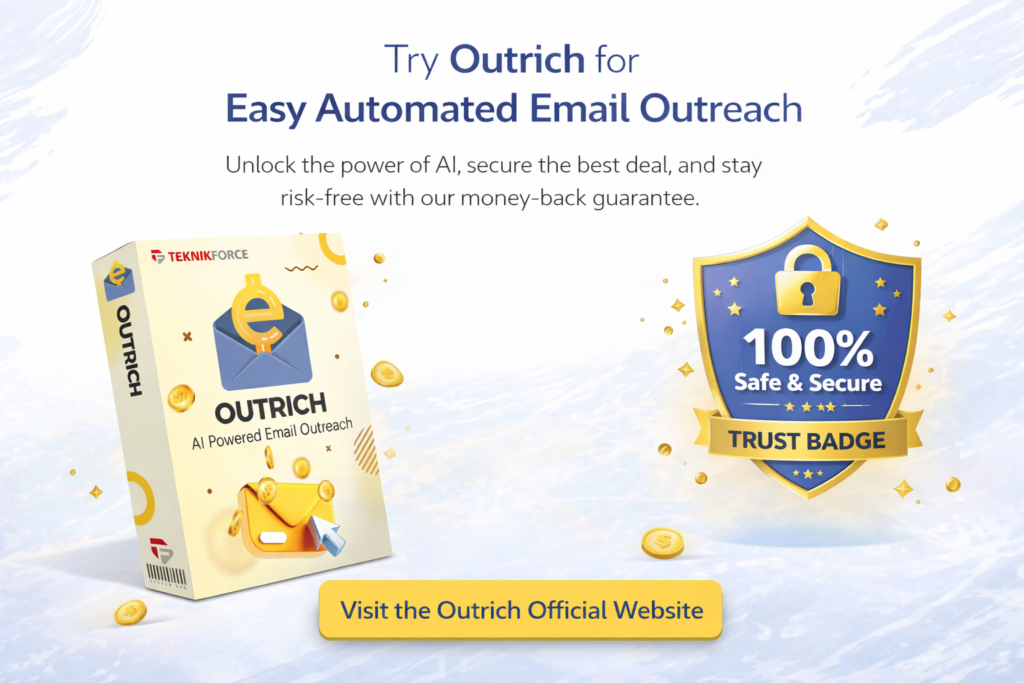 Outrich bottom section image showing Outrich AI product box with a security trust badge for safe, risk-free email outreach software access.